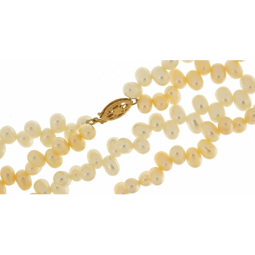 2790 - Two row pink and white freshwater pearl necklace with 9ct gold clasp, 45cm in length, 50.8g