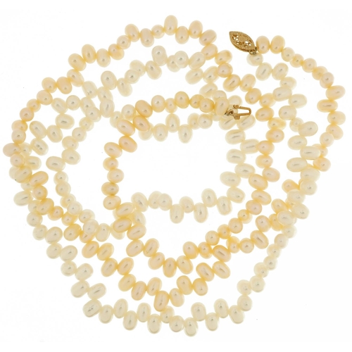 2790 - Two row pink and white freshwater pearl necklace with 9ct gold clasp, 45cm in length, 50.8g