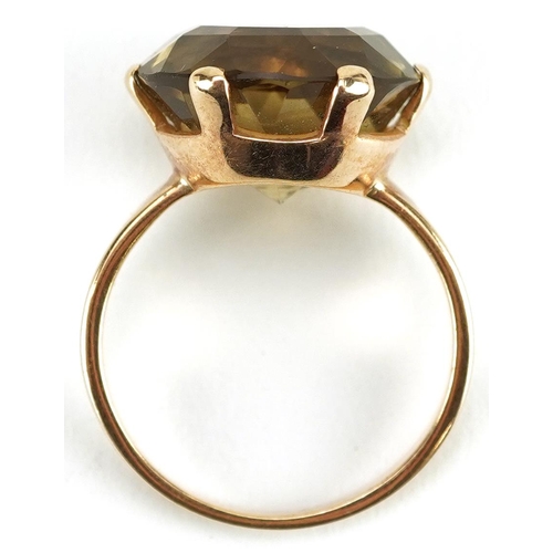 2671 - Unmarked gold citrine solitaire ring, the citrine approximately 13.80mm in diameter x 8.80mm deep, s... 