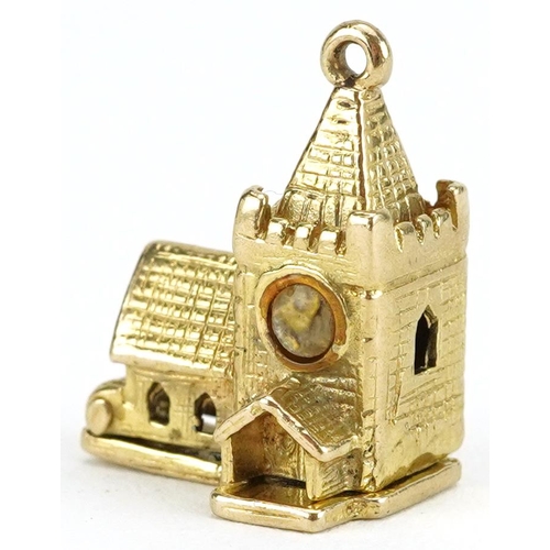 2208 - 9ct gold church charm opening to reveal enamelled bride and groom, 1.7cm high, 3.5g