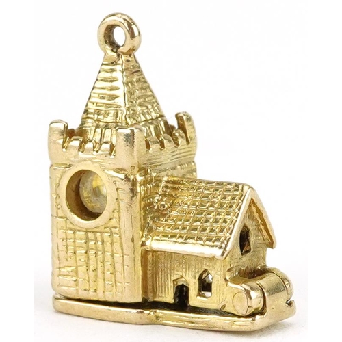 2208 - 9ct gold church charm opening to reveal enamelled bride and groom, 1.7cm high, 3.5g