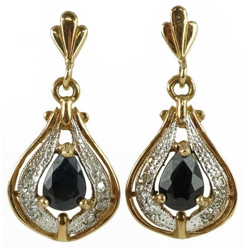 2072 - Pair of 9ct gold sapphire and diamond teardrop earrings, 2.5cm high, 3.2g