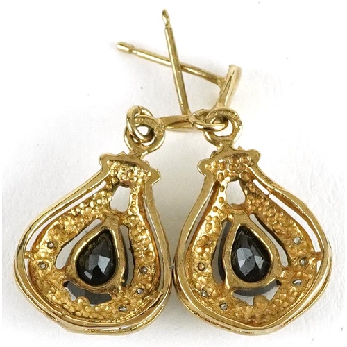 2072 - Pair of 9ct gold sapphire and diamond teardrop earrings, 2.5cm high, 3.2g