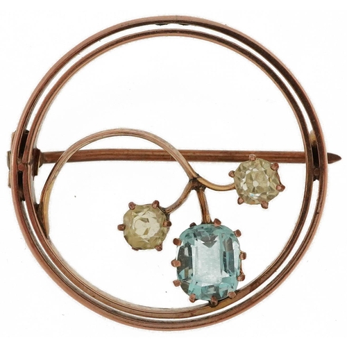 2124 - Art Nouveau unmarked gold blue and clear stone brooch, tests as 9ct gold, 2.6cm in diameter, 4.6g