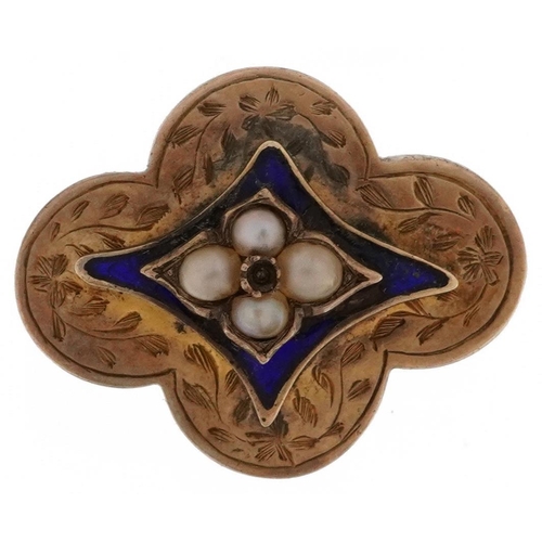 2687 - Victorian gilt metal blue enamel and seed pearl mourning brooch, 2.2cm wide, 4.2g