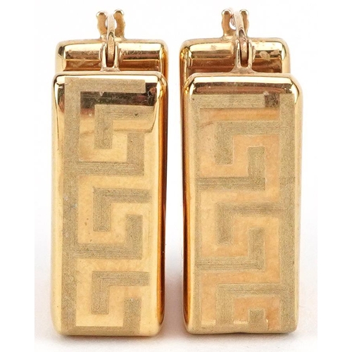 2579 - Pair of 9ct gold Greek key design square hoop earrings, 2.2cm high, 4.9g