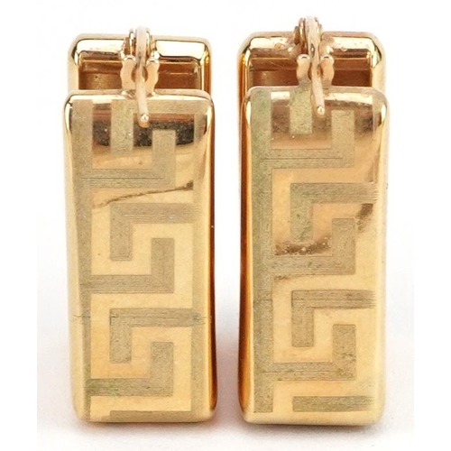 2579 - Pair of 9ct gold Greek key design square hoop earrings, 2.2cm high, 4.9g