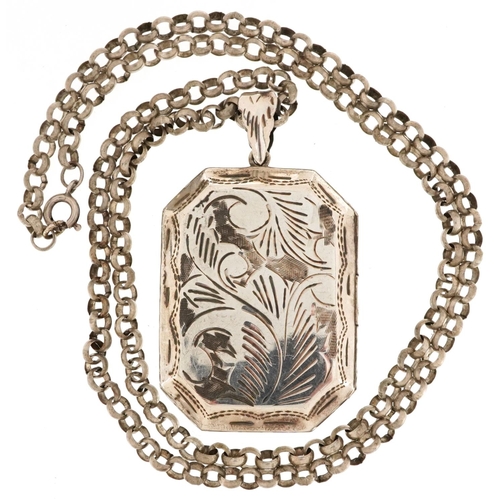 2725 - Large silver octagonal floral engraved locket, London import marks, on a silver Belcher link necklac... 