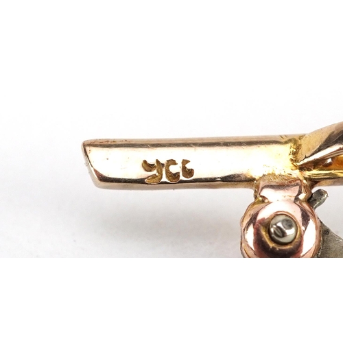 2196 - Unmarked gold blue stone and seed pearl floral bar brooch, 4.5cm wide, 2.4g