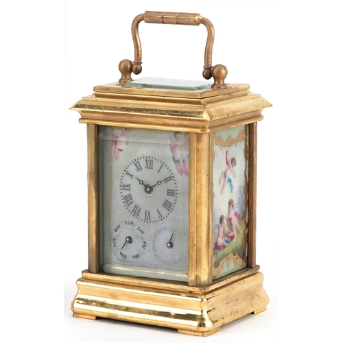 250 - Miniature brass cased carriage clock with swing handle and Sevres style panels hand painted with Put... 