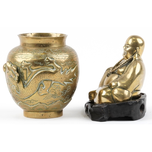 258 - Chinese bronze vase decorated in relief with two dragons chasing the flaming pearl and a Buddha on c... 