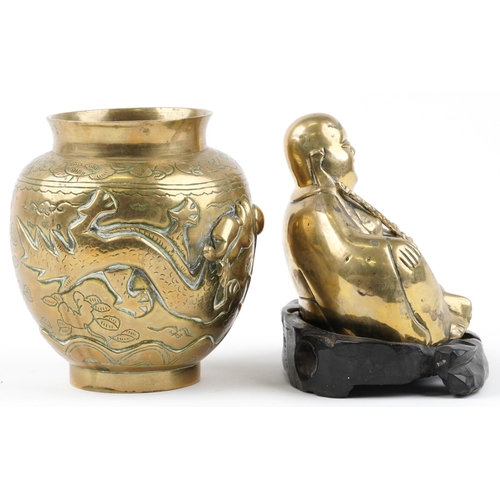 258 - Chinese bronze vase decorated in relief with two dragons chasing the flaming pearl and a Buddha on c... 