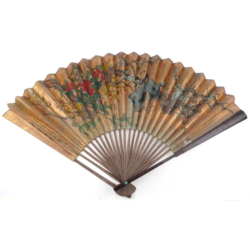 1295 - Large Chinese brisee fan hand painted with flowers, 89cm in length