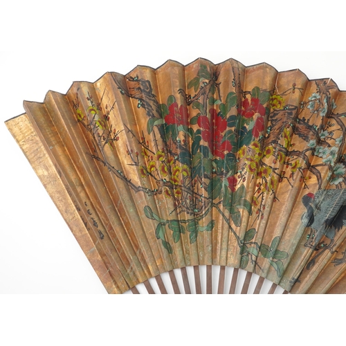 1295 - Large Chinese brisee fan hand painted with flowers, 89cm in length