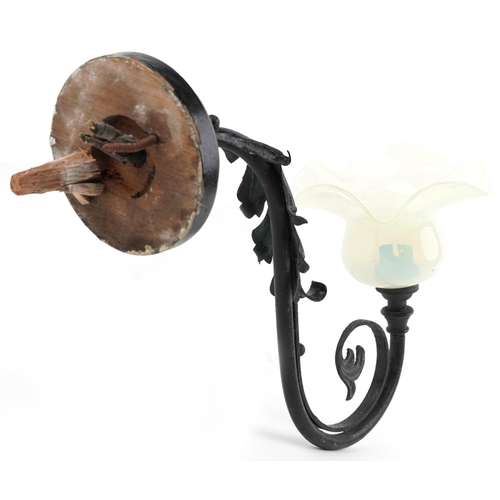 206 - Art Nouveau painted iron wall light with frilled Vaseline glass shade, 35cm in length