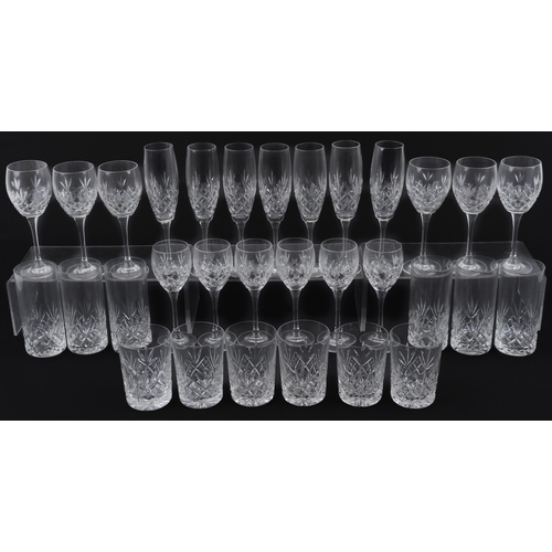 395 - Five sets of six cut glasses including tumblers, wine glasses and Champagne flutes, the largest each... 