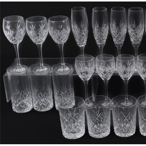 395 - Five sets of six cut glasses including tumblers, wine glasses and Champagne flutes, the largest each... 