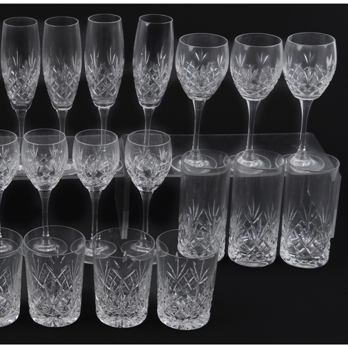 395 - Five sets of six cut glasses including tumblers, wine glasses and Champagne flutes, the largest each... 