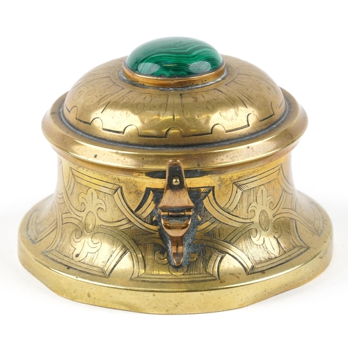 9 - Victorian Gothic brass inkwell with glass liner having hinged lid with malachite cabochon, engraved ... 