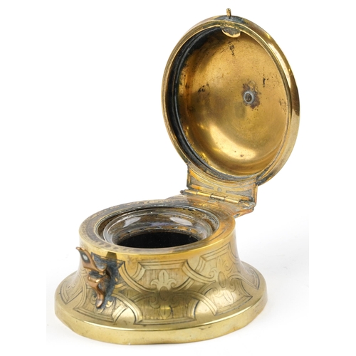 9 - Victorian Gothic brass inkwell with glass liner having hinged lid with malachite cabochon, engraved ... 
