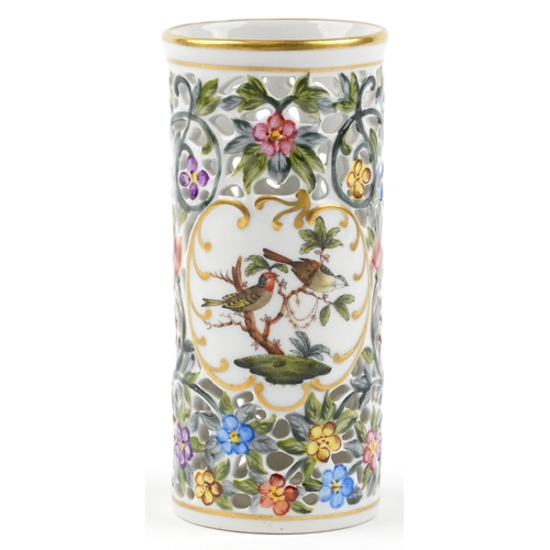 72 - Herend, Hungarian porcelain pierced vase hand painted with birds and flowers, 12cm high