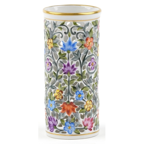 72 - Herend, Hungarian porcelain pierced vase hand painted with birds and flowers, 12cm high