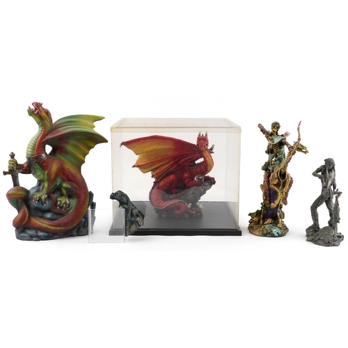 1244 - Three mythical dragons including one impressed DHM 1997 and a Franklin Mint pewter Sioux hunter by J... 