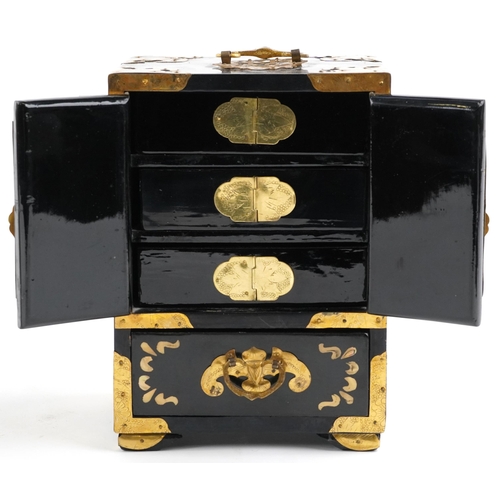 1236 - Chinese porcelain vase with animalia twin handles and a black lacquered jewellery chest with brass m... 