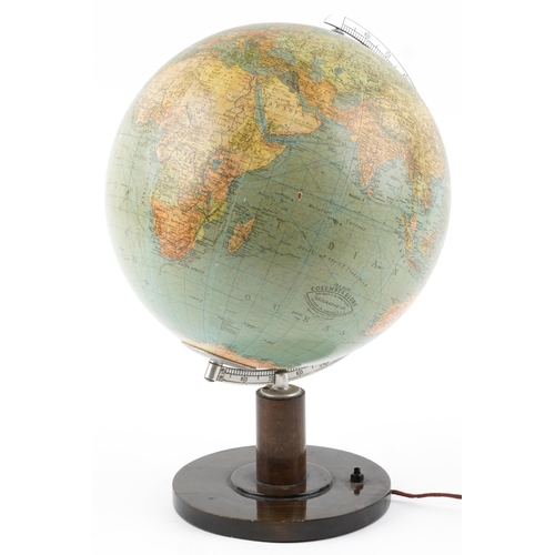 83 - Art Deco Geographia Columbus table globe with silvered arch on circular walnut base, 49.5cm high