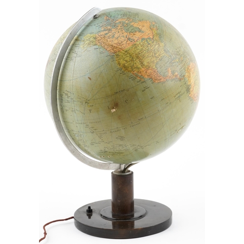 83 - Art Deco Geographia Columbus table globe with silvered arch on circular walnut base, 49.5cm high