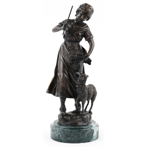 301 - After Louis & Francois Moreau, large patinated bronze statuette of a shepherdess with sheep, raised ... 