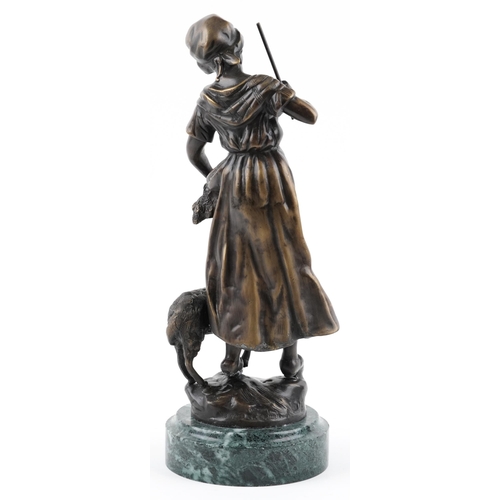 301 - After Louis & Francois Moreau, large patinated bronze statuette of a shepherdess with sheep, raised ... 