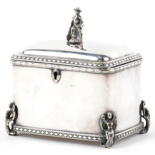 242 - Silver plated table casket with Chinaman knop, 14cm H x 13cm W x 9cm D