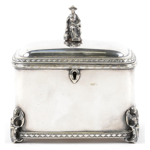 242 - Silver plated table casket with Chinaman knop, 14cm H x 13cm W x 9cm D