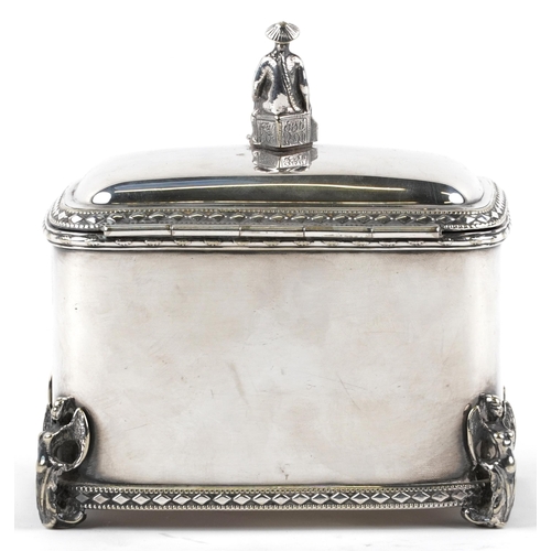 242 - Silver plated table casket with Chinaman knop, 14cm H x 13cm W x 9cm D