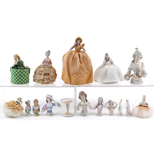 244 - 19th century and later half pin dolls and related china including a French dish with leg design colu... 