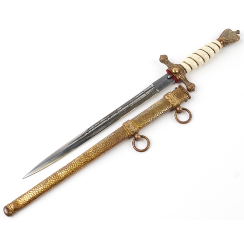 469 - German military interest naval officer's dagger with scabbard and engraved steel blade, 42cm in leng... 