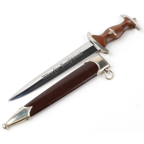 465 - German military interest SA dagger with scabbard and steel blade engraved RZM M7/33, 37cm in length