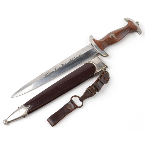 466 - German military interest SA dagger with leather hangers, scabbard and steel blade engraved RZM M7/66... 