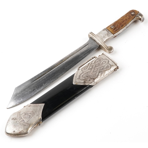 464 - German military interest RAD Hewer with scabbard and steel blade engraved Eickhorn, 40cm in length