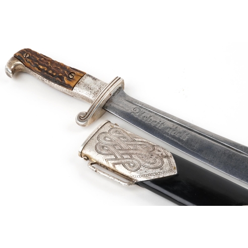 464 - German military interest RAD Hewer with scabbard and steel blade engraved Eickhorn, 40cm in length