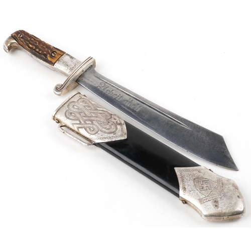 464 - German military interest RAD Hewer with scabbard and steel blade engraved Eickhorn, 40cm in length