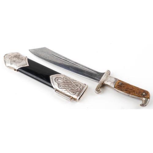 464 - German military interest RAD Hewer with scabbard and steel blade engraved Eickhorn, 40cm in length