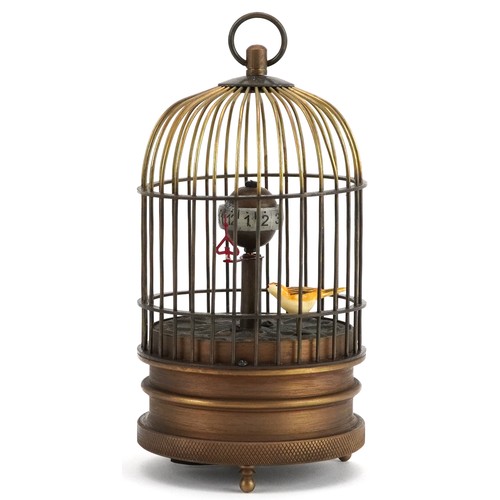 1250 - Clockwork automaton bird cage alarm clock, 14cm high