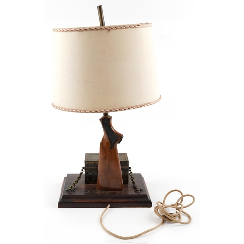 280 - Steampunk hardwood table lamp with shade, rifle butt and bronzed casket, 74.5cm high