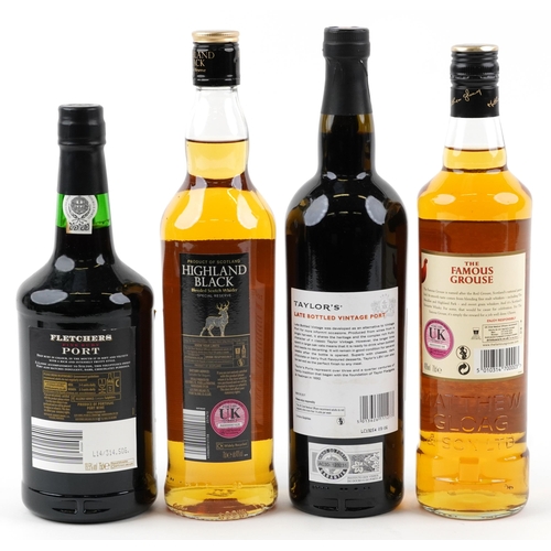 1230 - Four bottles of alcohol comprising Famous Grouse whisky, Highland Black whisky, Fletcher's port and ... 