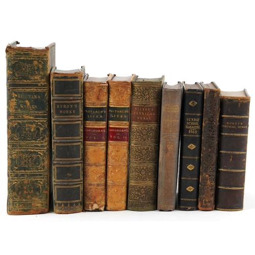 1488 - Antique hardback books, predominantly leather bound, including Scott's Poetical Works, Bunyan's Work... 