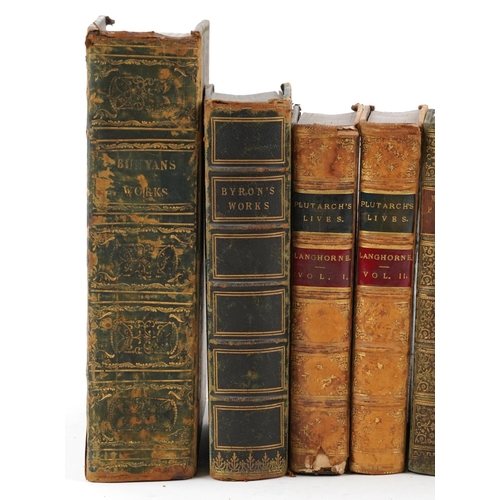 1488 - Antique hardback books, predominantly leather bound, including Scott's Poetical Works, Bunyan's Work... 