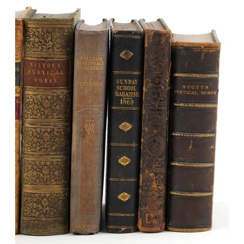 1488 - Antique hardback books, predominantly leather bound, including Scott's Poetical Works, Bunyan's Work... 