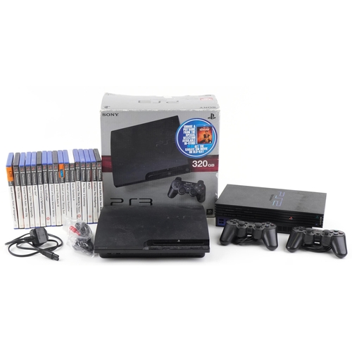 1373 - Sony PlayStation 3 and PlayStation 2 games consoles with controllers and a collection of PlayStation... 